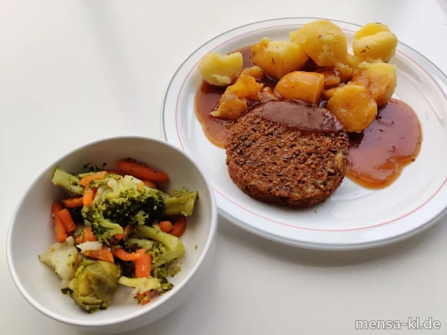 Pilzbratling (Gl,Ei,La,Sl,Se,V) mit Bratensoße (V), Butterkartoffeln (La,V) und buntes Gemüse (La,V)