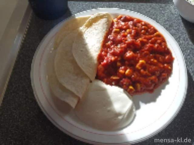 Gemüse-Chili (Sl) mit Sour Cream-Dip (1,9,Gl,Ei,La,Sf), Tortillas und Blumenkohlsalat (1,5,Sw)