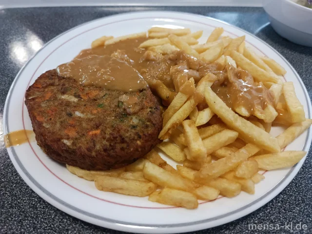 Vollkorn-Pilz-Bratling (Gl,Ei,La,Sl,Se) mit Zwiebel-Sahnesoße (Gl,La), Pommes frites und Salat