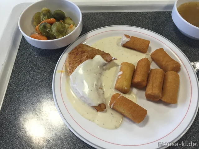 Putenbrustfilet (G) mit Frischkäsekräutersoße (2,Gl,La,Gt), Kroketten (Gl) und Wintergemüse (1,Gl,La)