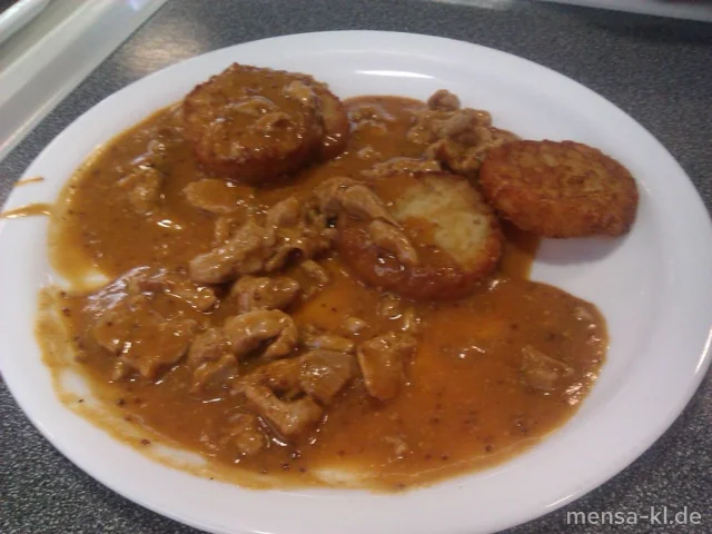 Schweinelende-Geschnetzeltes mit Dijonsenfsoße, Rösti