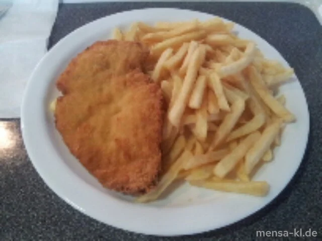 Paniertes Hähnchenbrustfilet (G) mit Pommes-Frites und Salat