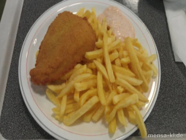 Gebackenes Schollenfilet (F) mit Cocktail-Dip (1), Pommes frites und Salat