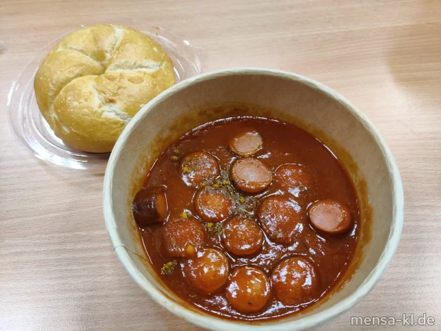 Rindswurst (1,2,3,8,9,Sf,R) mit Currysoße (Sl,Sf), dazu ein Kaiserbrötchen (Gl)