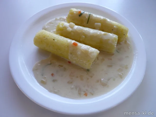 Drei Hoorische (1,2,3,5,Sw,V) mit Zwiebel-Sahnesoße (Gl,La,V) und Salat (V)