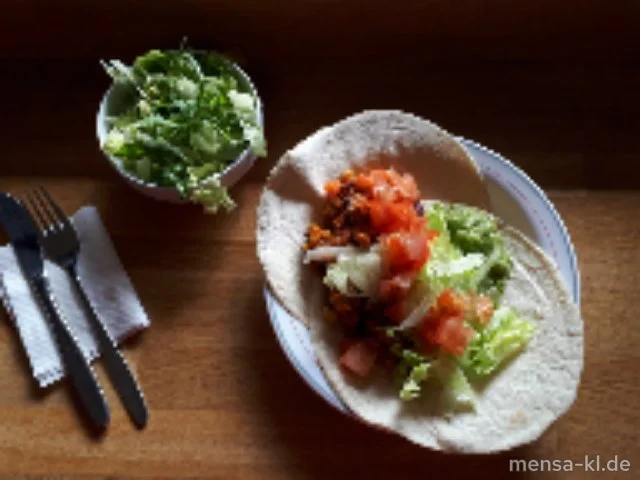 Vegane Tortillas (Gl) mit freuriger Tomaten-Sojafüllung, Eisbergsalat und Limettendip (Nu,Sf,So)