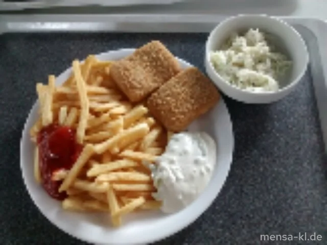Gebackener Feta (V) mit Tzatziki (V), Pommes frites (V) und Krautsalat (V)