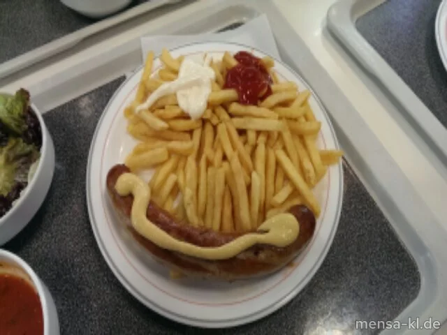 Pfälzer Bratwurst (8,S) mit Pommes frites und Salat