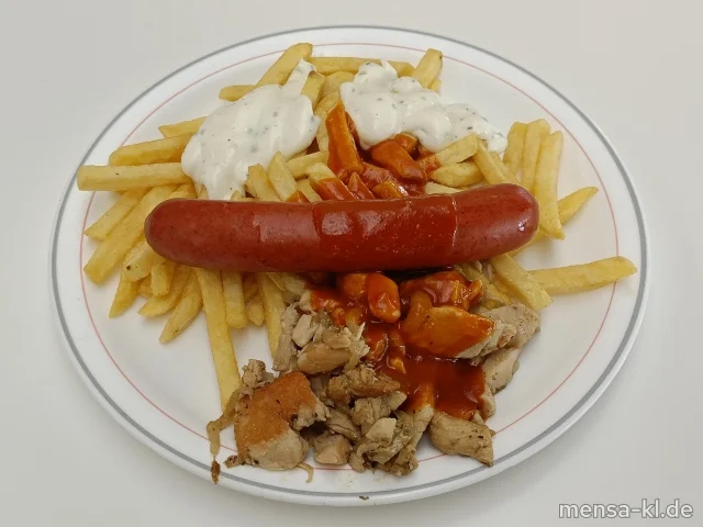 Pfannengyros vom Hähnchen (G) und Currywurst (1,2,3,8,9,Sl,Sf,R,L), dazu Tzatziki (Gl,Nu,Sf), Pommes frites und Krautsalat (1,5,Sw)