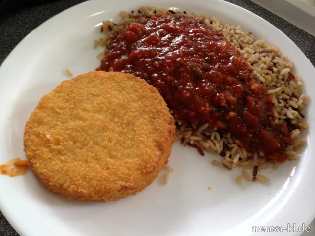 Blumenkohl-Käse-Medaillon (V) mit Salsa (2,V), Natur- und Wildreis mit fünf Getreidesorten (V), dazu Salat (V)