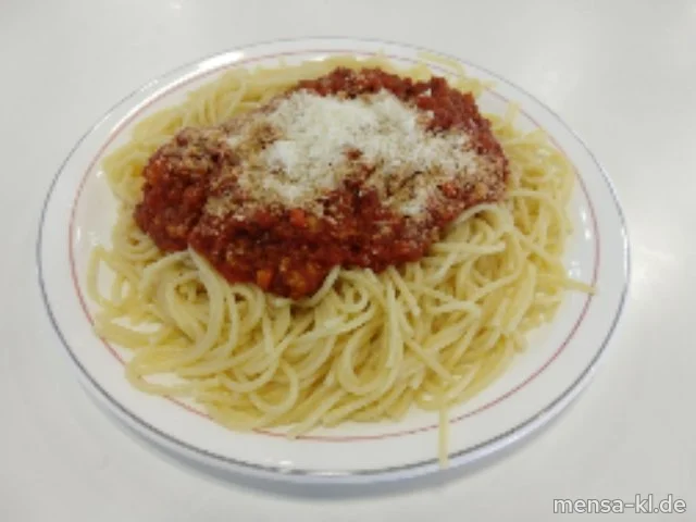 Spaghetti (1,Gl,V) mit Sojabolognese (Gl,So,V), Grana Padano (2,Ei,La,V) und Salat (V)