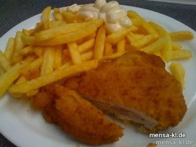 Cordon-bleu (S) mit Schinken (S) und Käse gefüllt, Pommes-Frites und feine Erbsen