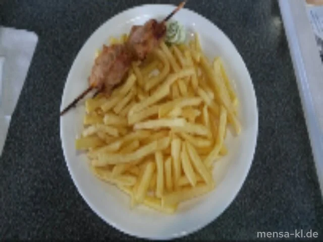Schweinelendespieß (4,S) mit Kräuterbutter, Pommes-Frites und Salat