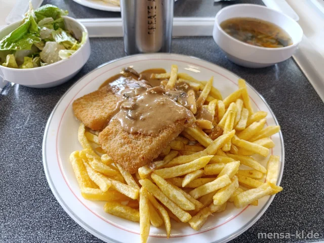 Back-Käse Athena (Gl,La) mit Champignon-Rahmsoße (Gl,La), Pommes frites und Salat (Sl)