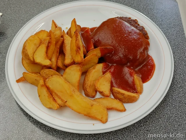 Frikadelle (Gl,Ei,S) mit Currysoße (La,Sf) und Potato-Wedges, dazu einen Beilagensalat nach Wahl