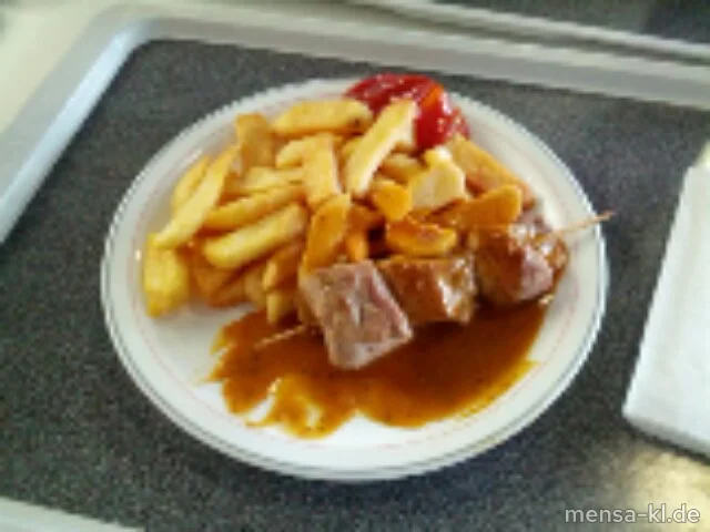 Schweinelendespieß (S) mit Dijonsenfsoße und Steakhouse-Pommes