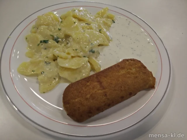 Polenta-Teigtasche mit Frischkäse und Champignons gefüllt (Gl,La,So,V), Zitronen-Joghurt-Dip (La,V), Kartoffelsalat (1,5,9,Gl,Ei,Sw,Sf,So,V) und Salat (V)