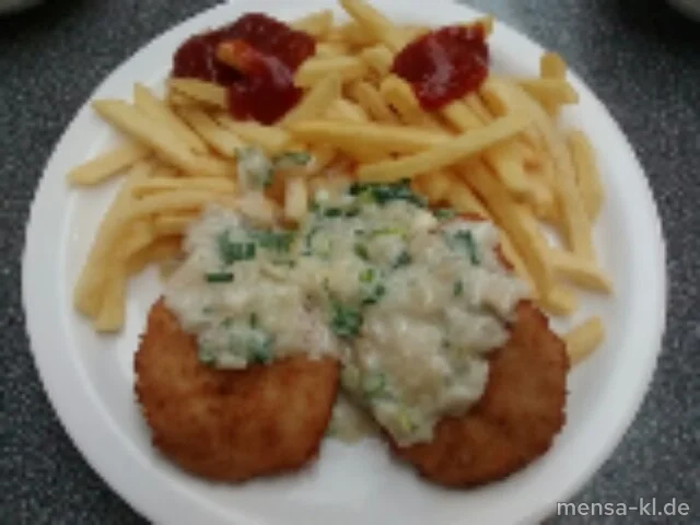 "Valess"-Schnitzel (Gl,Ei,La,V) mit Zwiebel-Sahnesoße (Gl,La,V), Pommes frites (V) und Kaisergemüse (1,Gl,La,V)