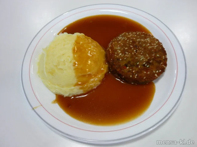 Pilzbratling (Gl,Ei,La,Sl,Se,V) mit Bratensoße (Gl,Sf,V), Grumbeer-Stampes (5,La,Sw,V) und Salat (V)