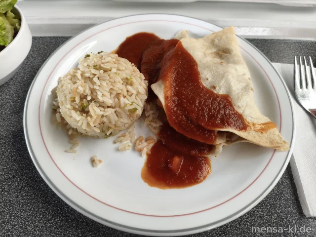 Enchilada gefüllt mit Kartoffeln, Broccoli und Karotten (1,2,Gl,Sf,So), dazu Salsa (4), Reis und Salat