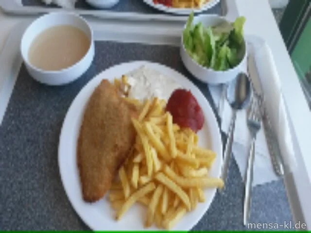 Gebackenes Schollenfilet (Fi,Gl) mit Remouladen-Dip (1,9,Gl,Ei,La,Sf,So), Pommes frites und Salat