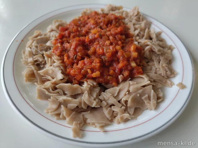 Bolognese aus Wurzelgemüse und Waldkräutern (Gl,Sl), dazu Kastanien-Dinkel-Nudeln (Gl) und ein Beilagensalat nach Wahl