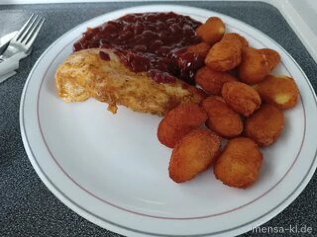 Hähnchenbrustfilet (G) mit Rotwein-Zwiebel-Confit (5,Sw,A) und Pommes dauphines (Ei,La), dazu einen Beilagensalat nach Wahl