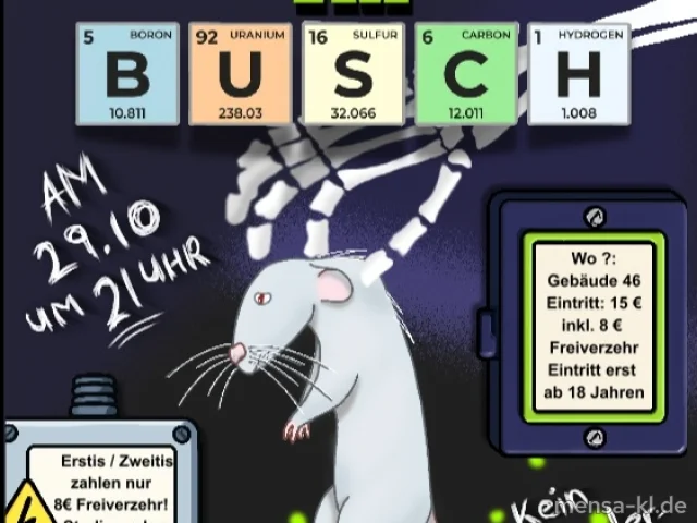 <a href="https://www.instagram.com/p/Dec0tRADALR/">Willkommen im Busch</a> am 29.10, ab 21 Uhr, Gebäude 46. Karaoke, DJs, alkoholische und alkoholfreie Getränke sowie Slushies. Der Kartenvorverkauf 13.10., 19.10., 22.10. und 27.10. je von 10:30 bis 14:00 Uhr im Amphitheater. Erstis und Zweitis zahlen nur 8€.
