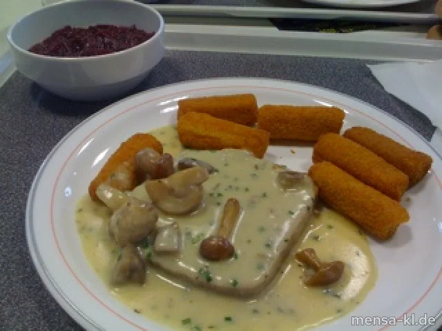 Hackbraten (S/3/4) mit Waldpilzsoße, Kroketten (1) und Rotkohl