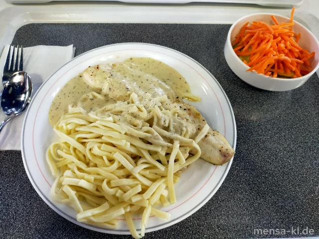 Gegrilltes Zanderfilet (Fi) mit Limetten-Dill-Soße (Gl,La), Pasta (Gl) und einen Beilagensalat nach Wahl