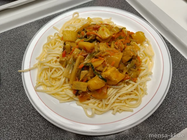 Asiatisches Fischcurry mit Gemüse und Kartoffeln (2,5,Fi,Gl,La,Sw,Sf,So), dazu Mie-Nudeln (Gl,Ei) und Salat