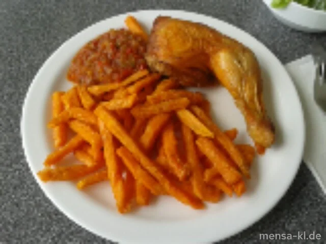 Gebratene Hähnchenkeule (Sf,G) mit Tomatensalsa (5,Sw), gebackenen Süßkartoffeln (1) und Salat