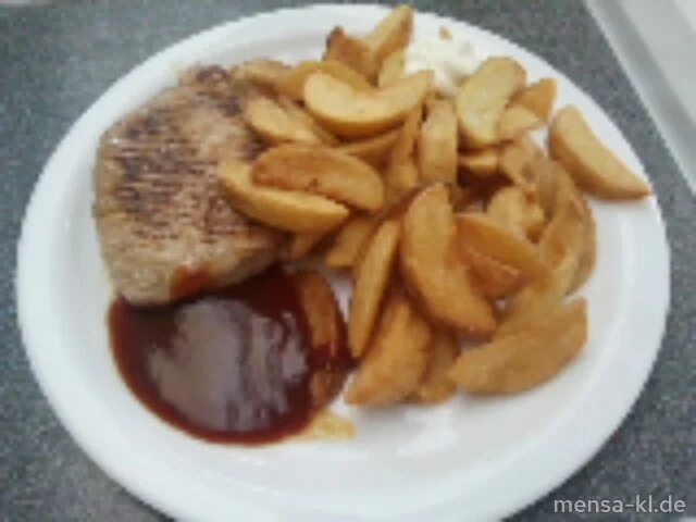 Schweinerückensteak mit Barbecue-Dip (1) und Potato-Wedges