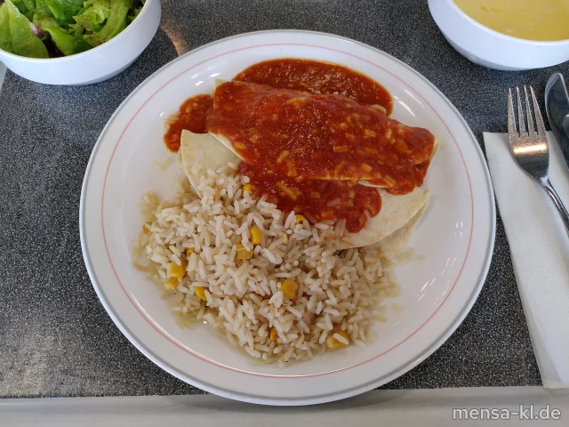 Enchilada mit Gemüsefüllung (1,2,Gl,Sf,So), Salsa (4), Reis und Salat