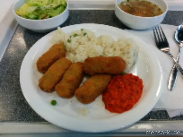 Gemüsekroketten (Gl,Sl,V,V+) mit Ajvar-Dip (V,V+), Erbsen-Reis (V,V+) und Salat (V,V+) | Vegan