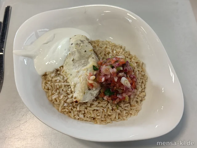 Hähnchenbrust Bruschetta (G) mit Limetten-Joghurt-Dip (La) und Vollkornreis