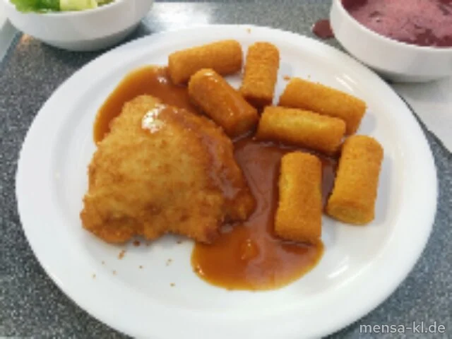 Hähnchen-Cordon-bleu mit Truthahnschinken und Käse gefüllt (1,2,Gl,La,G), Kroketten (Gl) und Salat