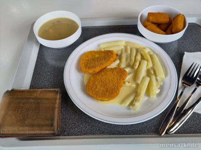 Valess-Schnitzel (Gl,Ei,La) mit Pfälzer Spargelragout (Gl,Ei,La,Sl) und Kroketten (Gl)