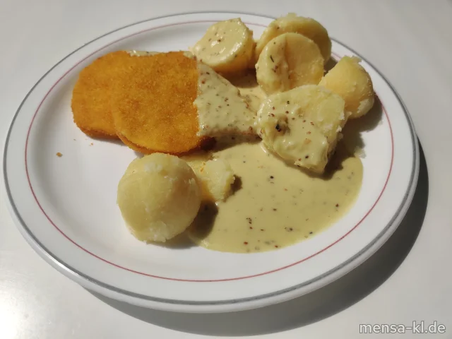 Valess-Schnitzel (Gl,Ei,La) mit Dijonsenf-Soße (La,Sf), Dampfkartoffeln (5,Sw) und Salat (1,Sf)