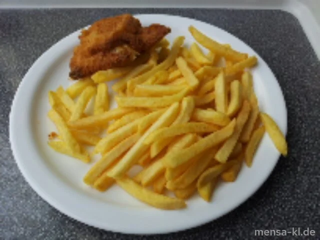 Hähnchen-Cordon bleu mit Truthahnschinken und Käse gefüllt (1,2,3,G), Pommes-Frites und Erbsen-Karotten-Gemüse