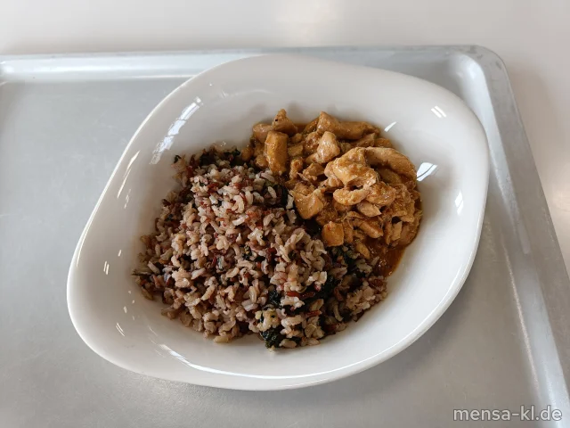 Huhnglaublich: Chicken-Teriyaki (5,Gl,Sw,Se,So,G) auf Vollkornreis mit Spinat und Petersilie