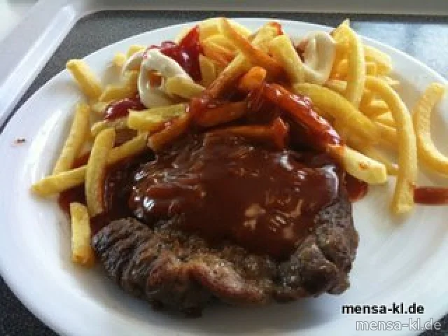 Schweinekammsteak mit Barbecuesoße (1) und Pommes-Frites