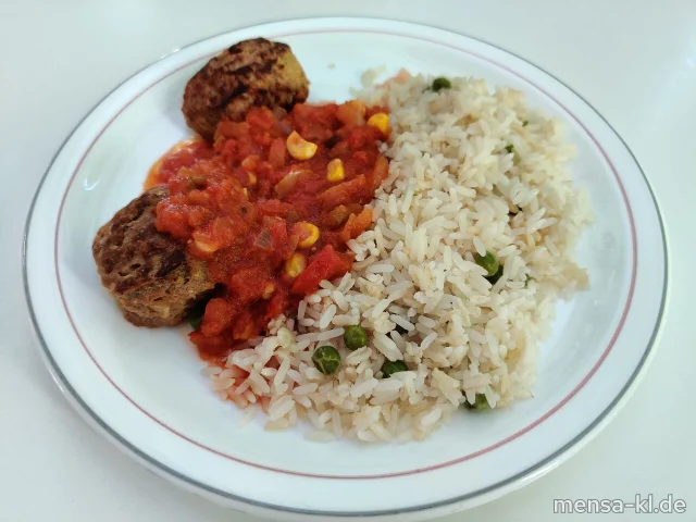 Bifteki (Gl,Ei,La,Sl,Sf,R) mit Pusztasoße (9,Sl), Erbsen-Reis und Salat