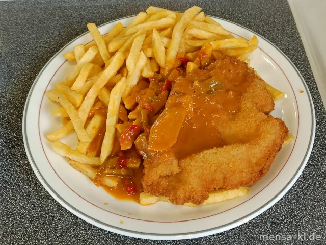 Paniertes Schweineschnitzel (Gl,S) mit Paprika-Zwiebel-Sahnesoße (Gl,La), Pommes frites (Gl) und Salat (5,Sw)