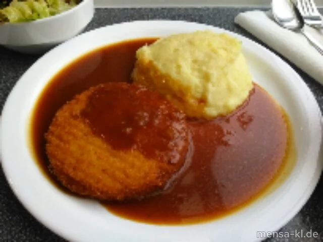 Blumenkohl-Käse-Medaillon (V) mit Bratensoße (V,Lfrei), Grumbeer-Stampes (V) und Salat (V,Lfrei)