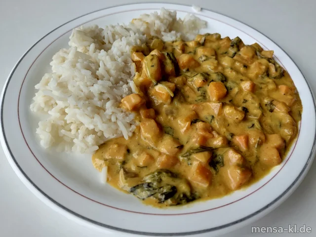 Süßkartoffel-Curry mit Kürbis und Spinat (Sf), dazu Reis und einen Beilagensalat nach Wahl