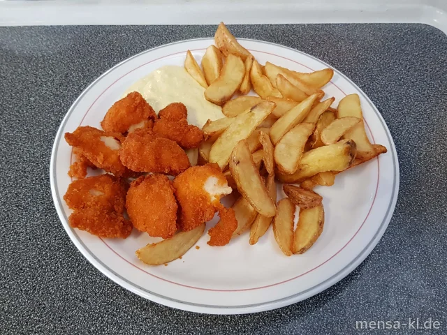 Hähnchencrossies (Gl,G) mit Curry-Ananas-Dip (1,Ei,La,Sf,So), Potato-Wedges und Salat