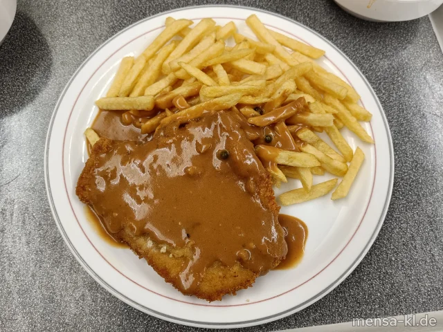 Paniertes Schweineschnitzel (Gl,Ei,S) mit Pfefferrahmsoße (La), Pommes frites und Salat