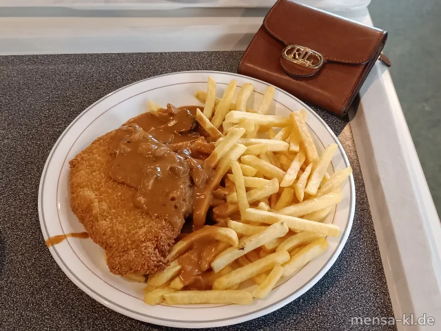 Paniertes Schweineschnitzel (Gl,S) mit Brasilsoße (Gl,La), Pommes frites und Salat
