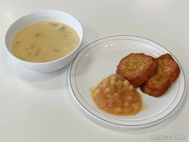 Pfälzer Grumbeersuppe (La,Sl) mit Grumbeerpannekuche (Gl,Ei) und Appelmus (3)